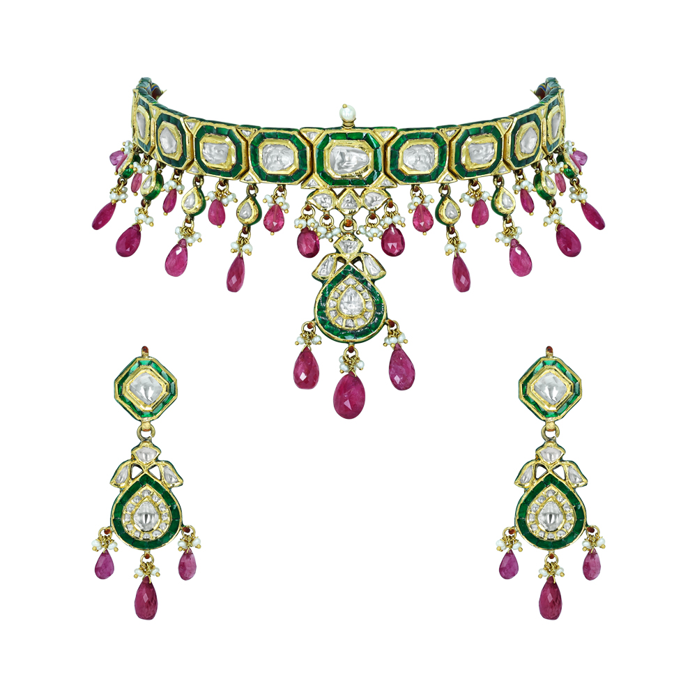 Polki Choker Set with Green Enamel, Tourmaline, and Pearls